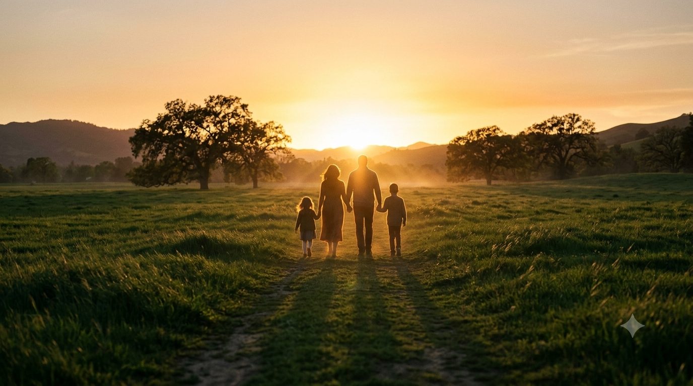 Eine Familie geht im warmen Sonnenuntergang über eine Wiese